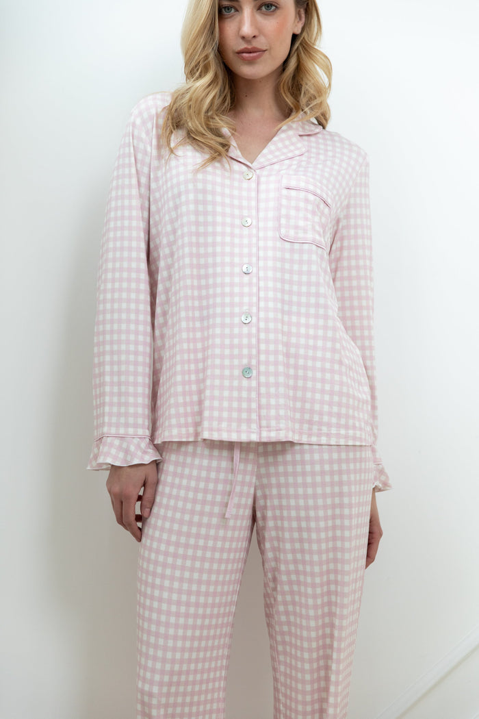 Waverles Ruffle Bamboo Pajama Pant Set in Pink Gingham