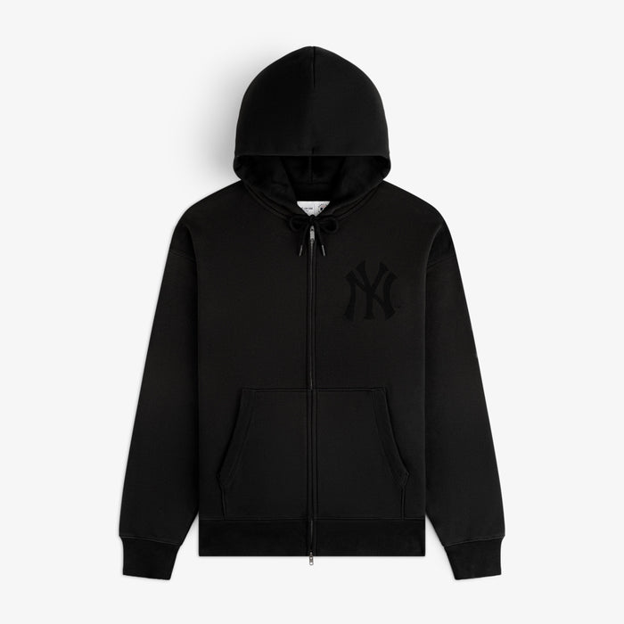 Yankees Washed Full-Zip Hoodie in black, front pockets, subtle NY Yankees logo on chest, shown on white background.