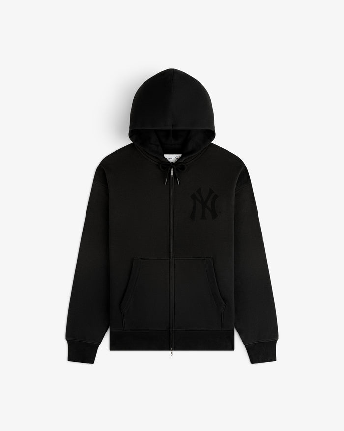 Yankees Washed Full-Zip Hoodie with front pockets, drawstring hood, and raised NY logo on the chest.
