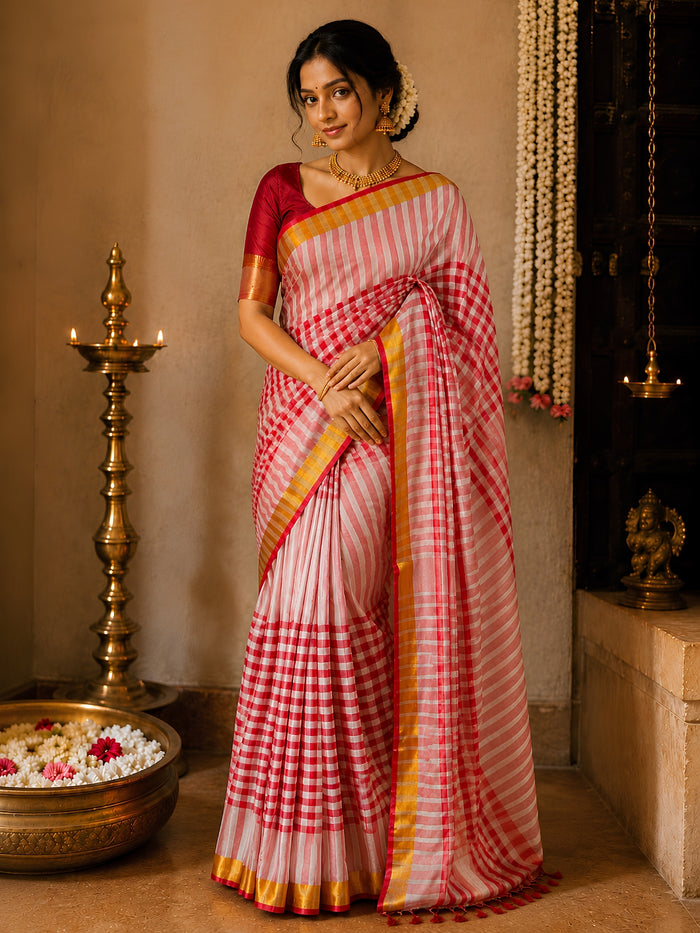 Indiehaat | Red & White Mul Cotton Handloom Saree