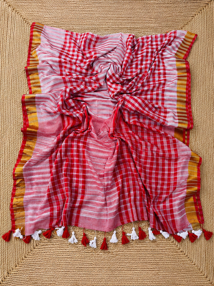 Indiehaat | Red & White Mul Cotton Handloom Saree