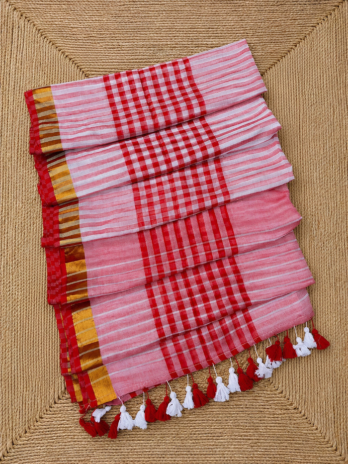 Indiehaat | Red & White Mul Cotton Handloom Saree