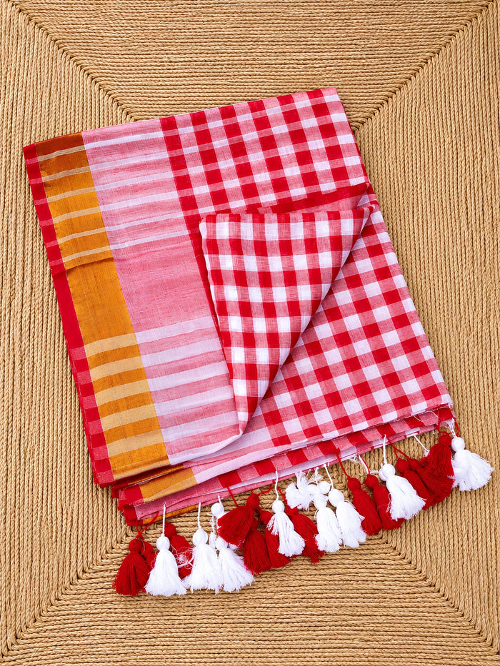 Indiehaat | Red & White Mul Cotton Handloom Saree