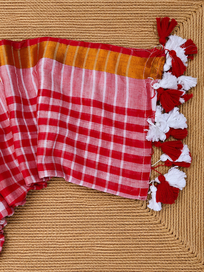 Indiehaat | Red & White Mul Cotton Handloom Saree